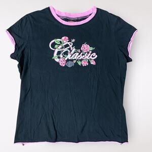 Harley Davidson Classic Floral Tee Womens Size M Black‎ Pink Biker